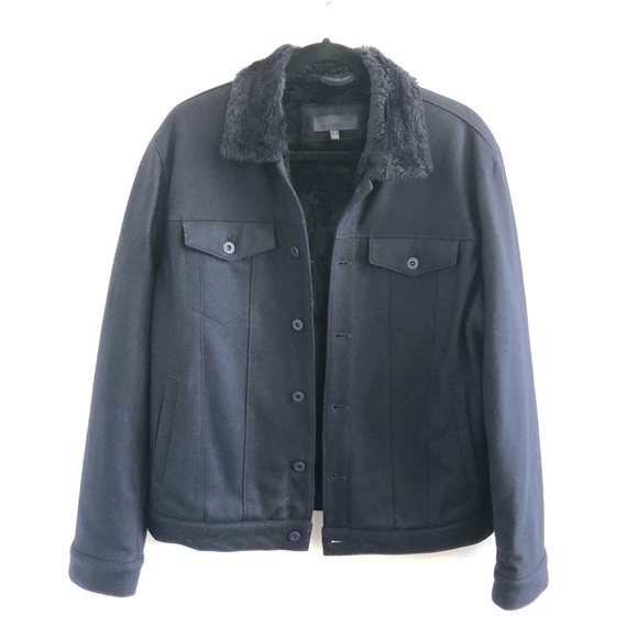 Zachary Prell Faux Fur Lined Trucker Jacket in Navy Blue - Picture 1 of 5